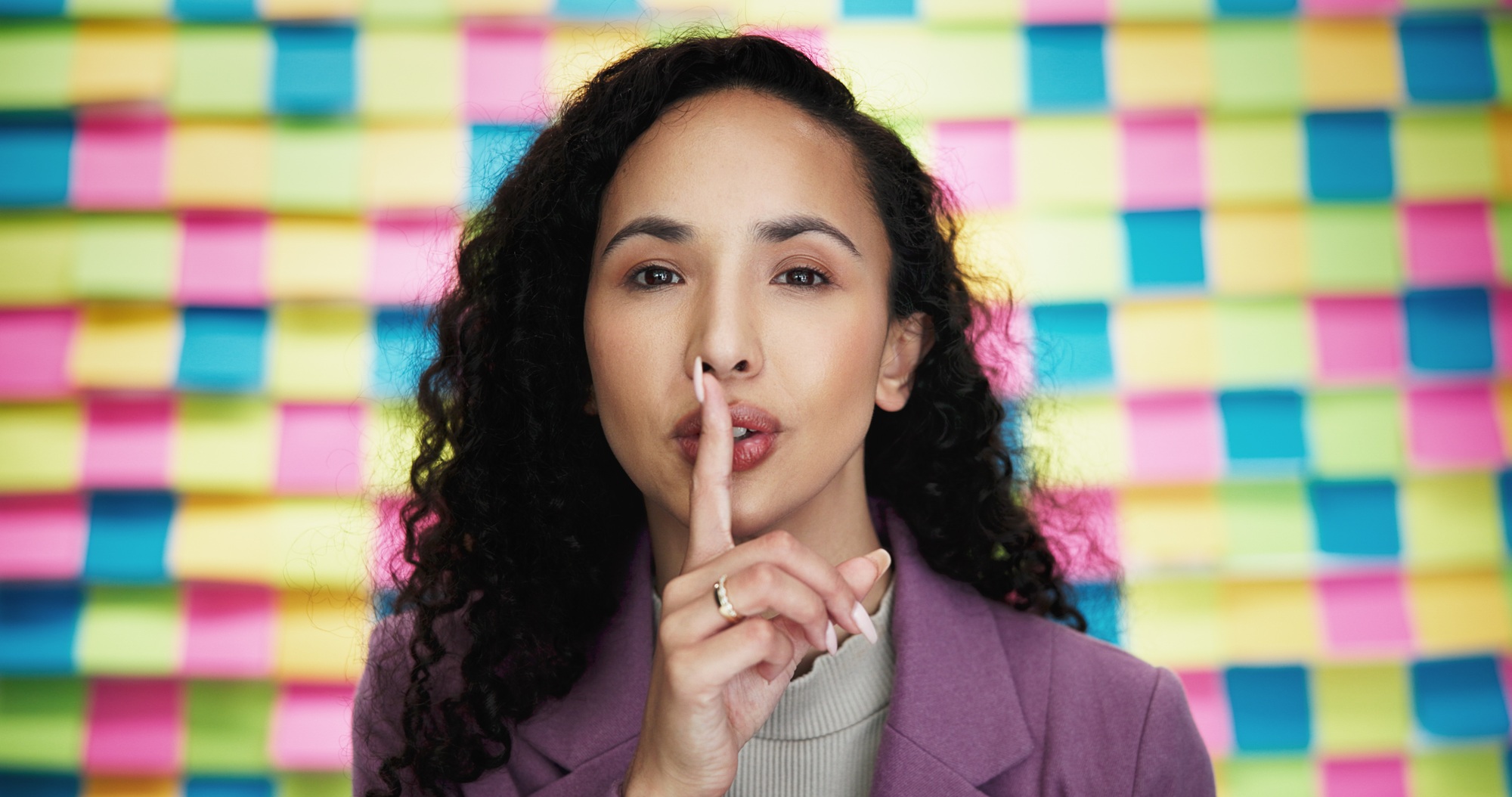 Secret, memo and portrait of business woman in studio for privacy policy, copyright patent and remi