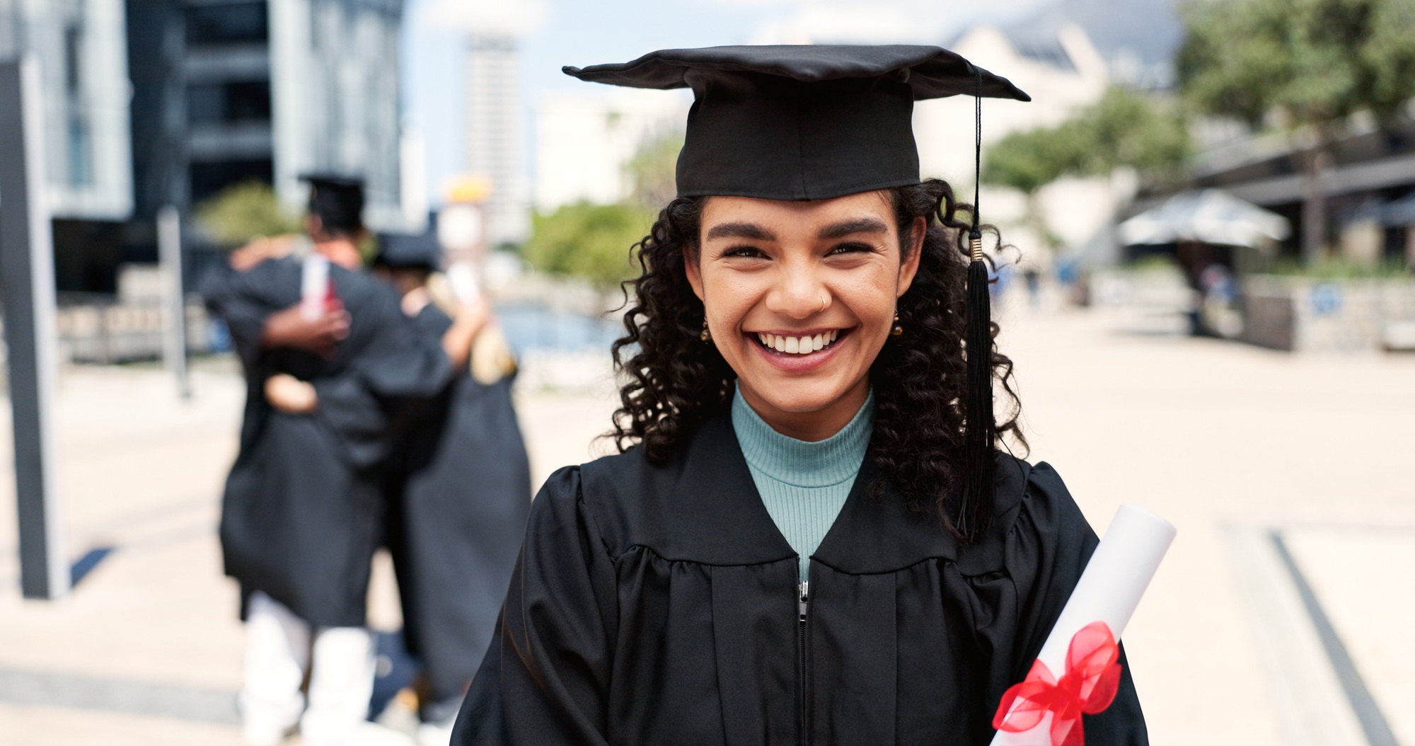 Certified, woman or graduate with smile at university for education, opportunity or portrait. Schoo