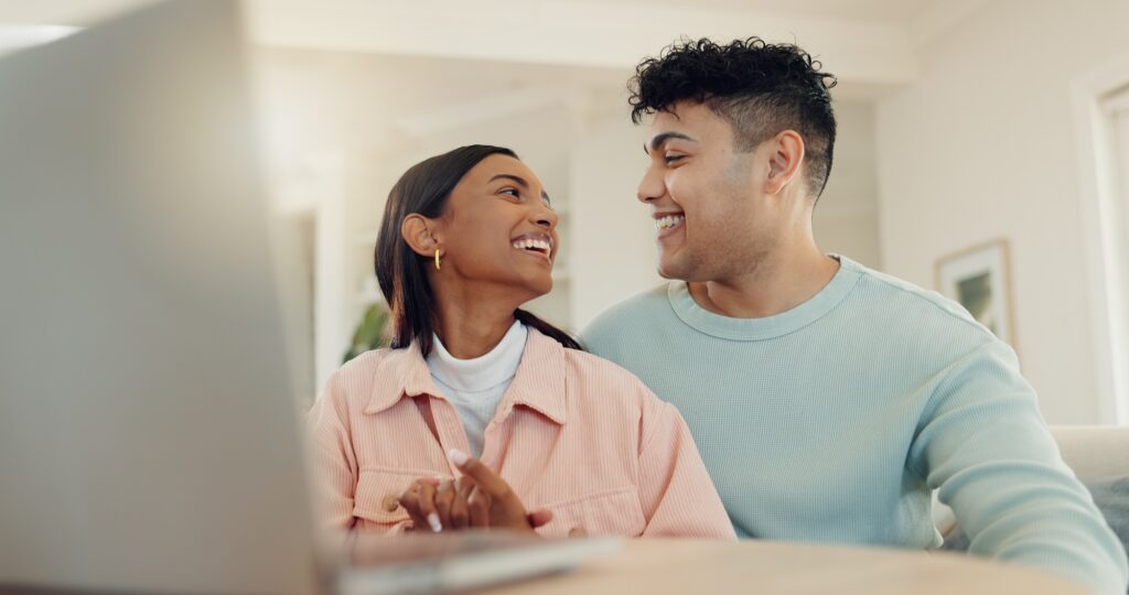 Laptop, planning and happy with couple at home for lease agreement, online application and support.